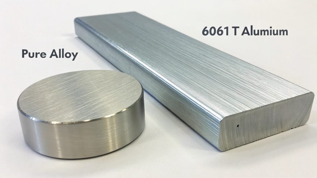 alt with keywords: comparison image showing a soft, bendable pure aluminum bar next to a rigid, strong 6061-T6 aluminum bar